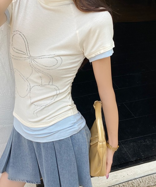 AsRiRe（アスリレイ）の「バイカラー チェリーリボンストーンTシャツ（Tシャツ/カットソー・レディース・アイボリー/グレー・M）」の5枚目の写真
