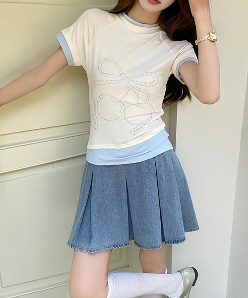 AsRiRe（アスリレイ）の「バイカラー チェリーリボンストーンTシャツ（Tシャツ/カットソー・レディース・アイボリー/グレー・M）」の6枚目の写真