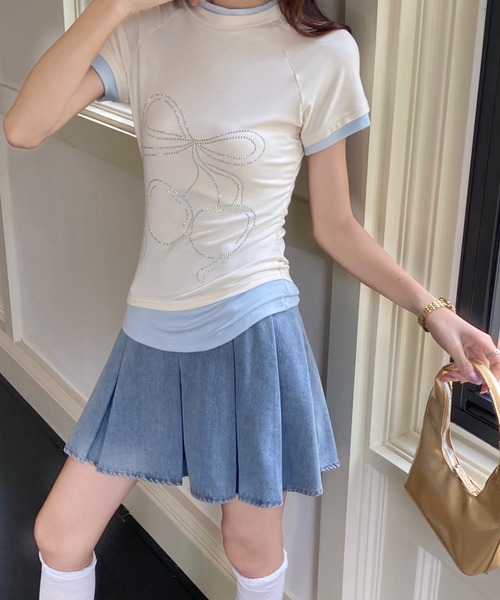 AsRiRe（アスリレイ）の「バイカラー チェリーリボンストーンTシャツ（Tシャツ/カットソー・レディース・アイボリー/グレー・M）」の7枚目の写真