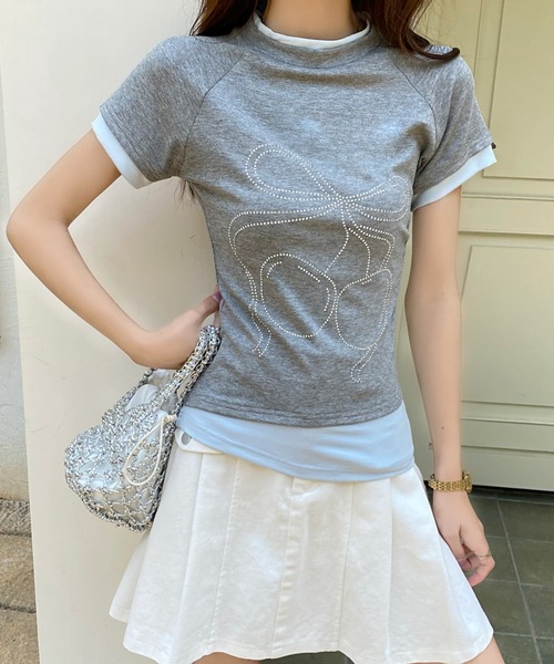 AsRiRe（アスリレイ）の「バイカラー チェリーリボンストーンTシャツ（Tシャツ/カットソー・レディース・アイボリー/グレー・M）」の8枚目の写真