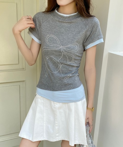 AsRiRe（アスリレイ）の「バイカラー チェリーリボンストーンTシャツ（Tシャツ/カットソー・レディース・アイボリー/グレー・M）」の9枚目の写真