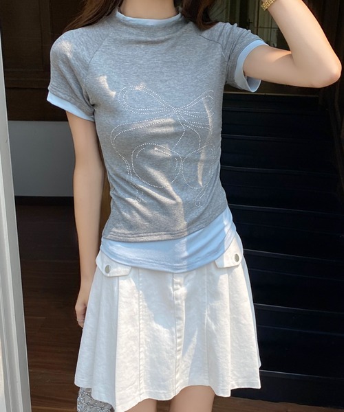 AsRiRe（アスリレイ）の「バイカラー チェリーリボンストーンTシャツ（Tシャツ/カットソー・レディース・アイボリー/グレー・M）」の11枚目の写真