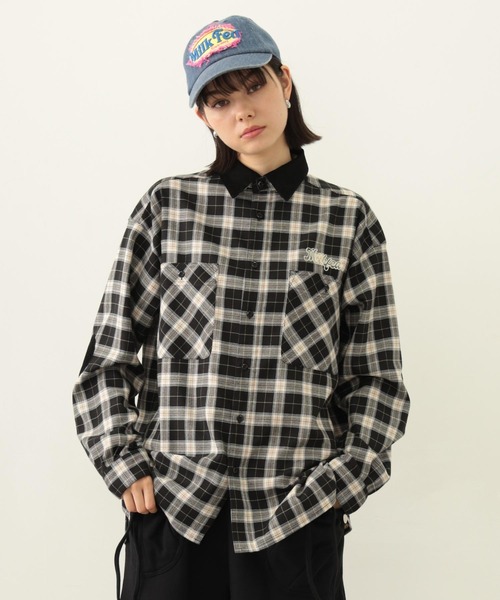 MILKFED.（ミルクフェド）の「HEART ELBOW PATCH PLAID SHIRT（シャツ/ブラウス・レディース・ブラック/ライトピンク/ネイビー・ONE SIZE）」の4枚目の写真