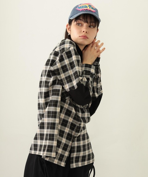 MILKFED.（ミルクフェド）の「HEART ELBOW PATCH PLAID SHIRT（シャツ/ブラウス・レディース・ブラック/ライトピンク/ネイビー・ONE SIZE）」の7枚目の写真