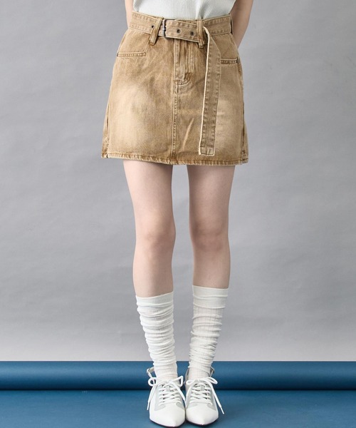 【24SS NEW】MiuMiu_women / ギャバジン ベルト付きミニスカート セール】ハートベルト付フリルティアードミニスカパン（スカート