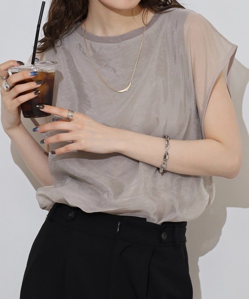 FUNALIVE（ファンアライブ）の「オーガンジー重ねフレンチスリーブプルオーバー（Tシャツ/カットソー・レディース・ベージュ系その他/アイボリー/ブラウン/ブラック/グリーン・FREE）」の4枚目の写真