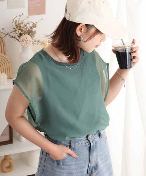 FUNALIVE（ファンアライブ）の「オーガンジー重ねフレンチスリーブプルオーバー（Tシャツ/カットソー・レディース・ベージュ系その他/アイボリー/ブラウン/ブラック/グリーン・FREE）」の5枚目の写真