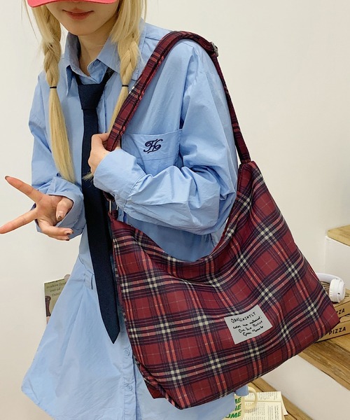 レトロ チェック プリント ナイロン ワンハンドル トート ショルダー