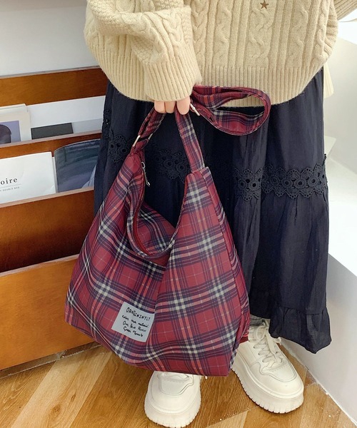 レトロ チェック プリント ナイロン ワンハンドル トート ショルダー