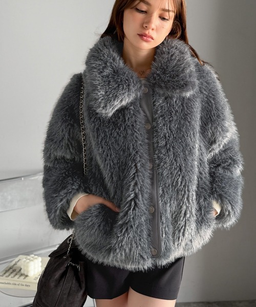 クラシカルエルフ（Classical Elf）/25AW新作【mily bilet】ゴージャスなファーが魅力的。フェイクレザー切り替えファーブルゾン セール】【mily bilet】ゴージャスなファーが魅力的。フェイクファー