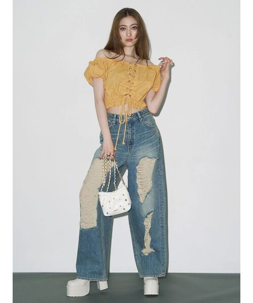 EVRIS（エヴリス）の「レースアップオフショルトップス（シャツ/ブラウス・レディース・マスタード/ホワイト・FREE）」の7枚目の写真