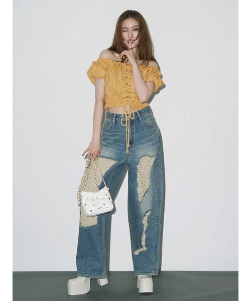 EVRIS（エヴリス）の「レースアップオフショルトップス（シャツ/ブラウス・レディース・マスタード/ホワイト・FREE）」の8枚目の写真