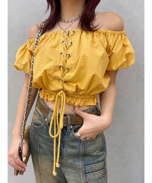 EVRIS（エヴリス）の「レースアップオフショルトップス（シャツ/ブラウス・レディース・マスタード/ホワイト・FREE）」の19枚目の写真