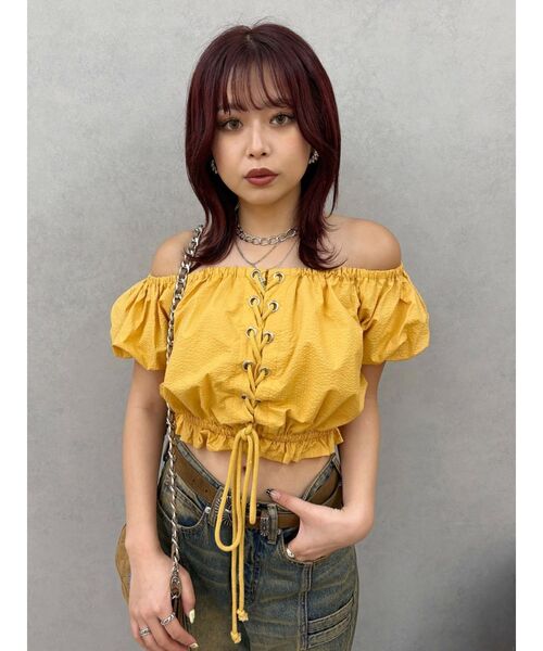 EVRIS（エヴリス）の「レースアップオフショルトップス（シャツ/ブラウス・レディース・マスタード/ホワイト・FREE）」の20枚目の写真