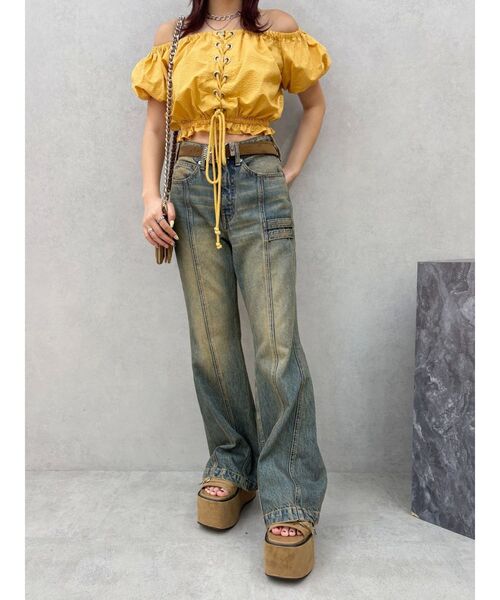 EVRIS（エヴリス）の「レースアップオフショルトップス（シャツ/ブラウス・レディース・マスタード/ホワイト・FREE）」の21枚目の写真