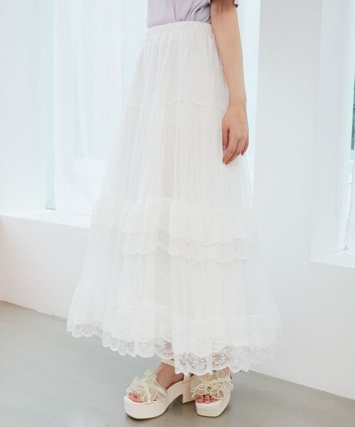 MAJESTIC LEGON（マジェスティックレゴン）の「ティアードレースフリルスカート（スカート・レディース・ブラック/アイボリー/オフホワイト・MEDIUM）」の8枚目の写真