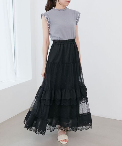 MAJESTIC LEGON（マジェスティックレゴン）の「ティアードレースフリルスカート（スカート・レディース・ブラック/アイボリー/オフホワイト・MEDIUM）」の20枚目の写真