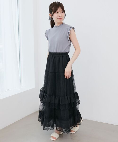 MAJESTIC LEGON（マジェスティックレゴン）の「ティアードレースフリルスカート（スカート・レディース・ブラック/アイボリー/オフホワイト・MEDIUM）」の21枚目の写真