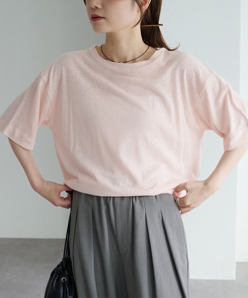PUAL CE CIN(ピュアルセシン)の「ロゴ刺繍×フロッキープリント麻混Tシャツ(Tシャツ/カットソー・レディース・チャコールグレー/グレー/オフホワイト/ピンク・FREE)」の4枚目の写真