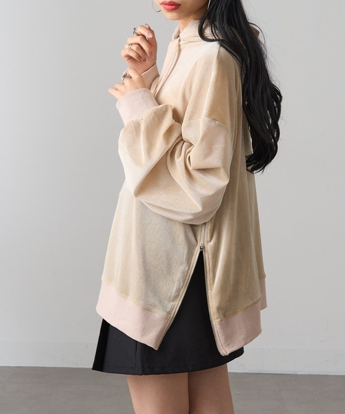 MAGASIN DE MODE Onjna(マガジンデモードオンジェナ )の「【MAGASIN DE MODE Onjna】サイドジップスリットベロアメッシュパーカ シアーベロア Y2K 韓国 trc(パーカー・レディース・ライム/ホワイト系1/ブラック/グレー・FREE)」の2枚目の写真