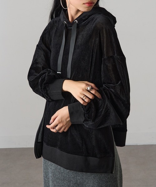 MAGASIN DE MODE Onjna(マガジンデモードオンジェナ )の「【MAGASIN DE MODE Onjna】サイドジップスリットベロアメッシュパーカ シアーベロア Y2K 韓国 trc(パーカー・レディース・ライム/ホワイト系1/ブラック/グレー・FREE)」の3枚目の写真