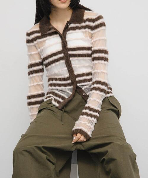 KBF（ケイビーエフ）の「シアーボーダーフェザーニット（ニット/セーター・レディース・ブラウン系その他/グレー系その他/アイボリー・ONE）」の3枚目の写真