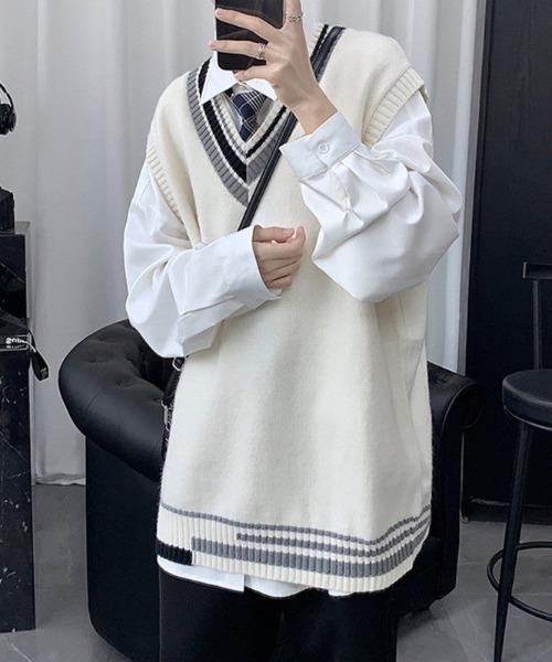 SHEPP（シープ）の「【UNISEX】クレイジーパターン プレッピー Vネック ニットベスト（ベスト・メンズ・ホワイト/ブラック/グレー・F）」の4枚目の写真