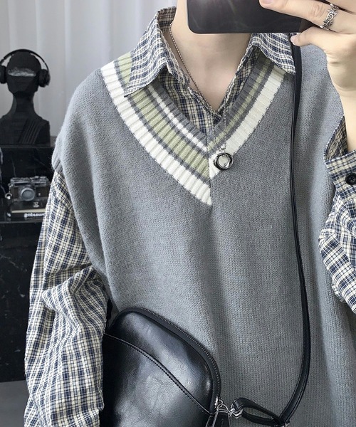 SHEPP（シープ）の「【UNISEX】クレイジーパターン プレッピー Vネック ニットベスト（ベスト・メンズ・ホワイト/ブラック/グレー・F）」の7枚目の写真