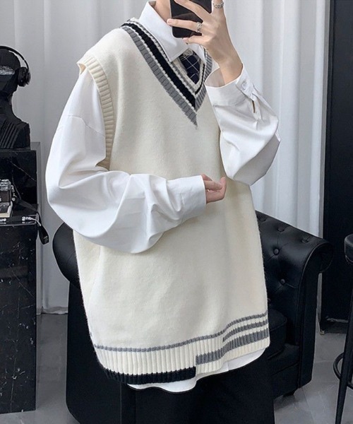 SHEPP（シープ）の「【UNISEX】クレイジーパターン プレッピー Vネック ニットベスト（ベスト・メンズ・ホワイト/ブラック/グレー・F）」の5枚目の写真