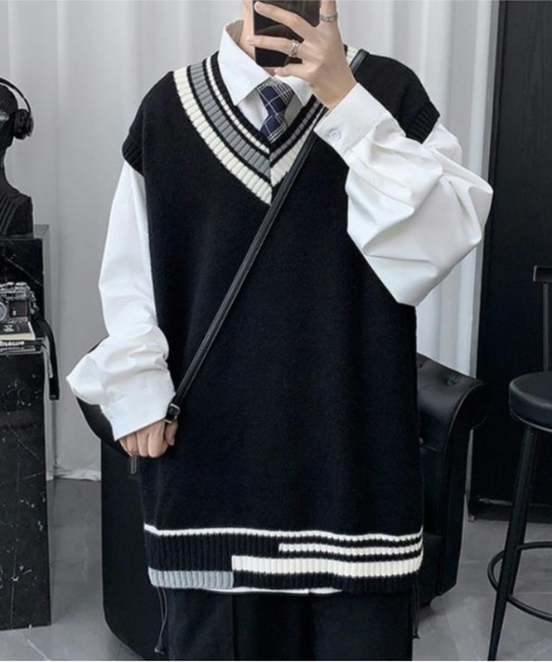 SHEPP（シープ）の「【UNISEX】クレイジーパターン プレッピー Vネック ニットベスト（ベスト・メンズ・ホワイト/ブラック/グレー・F）」の8枚目の写真