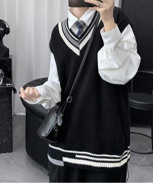 SHEPP（シープ）の「【UNISEX】クレイジーパターン プレッピー Vネック ニットベスト（ベスト・メンズ・ホワイト/ブラック/グレー・F）」の9枚目の写真