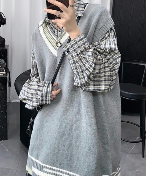 SHEPP（シープ）の「【UNISEX】クレイジーパターン プレッピー Vネック ニットベスト（ベスト・メンズ・ホワイト/ブラック/グレー・F）」の10枚目の写真