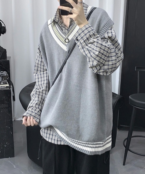 SHEPP（シープ）の「【UNISEX】クレイジーパターン プレッピー Vネック ニットベスト（ベスト・メンズ・ホワイト/ブラック/グレー・F）」の15枚目の写真
