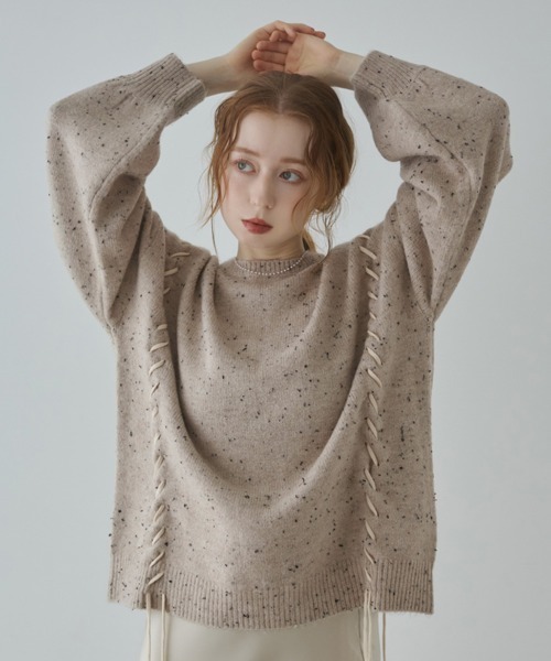 Bab（バブ）の「チョコチップ風ネップ 編み上げニットトップス（ニット/セーター・レディース・ベージュ/ライトグレー/サンドベージュ/ブルー・FREE）」の3枚目の写真