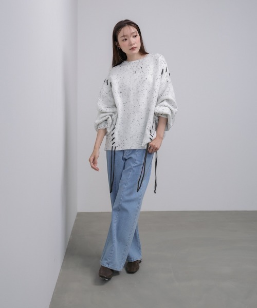 Bab（バブ）の「チョコチップ風ネップ 編み上げニットトップス（ニット/セーター・レディース・ベージュ/ライトグレー/サンドベージュ/ブルー・FREE）」の6枚目の写真