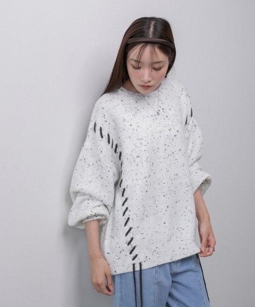 Bab（バブ）の「チョコチップ風ネップ 編み上げニットトップス（ニット/セーター・レディース・ベージュ/ライトグレー/サンドベージュ/ブルー・FREE）」の7枚目の写真