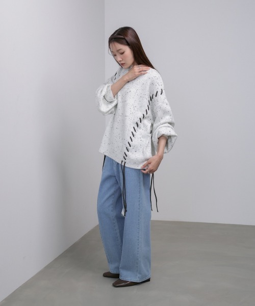 Bab（バブ）の「チョコチップ風ネップ 編み上げニットトップス（ニット/セーター・レディース・ベージュ/ライトグレー/サンドベージュ/ブルー・FREE）」の9枚目の写真