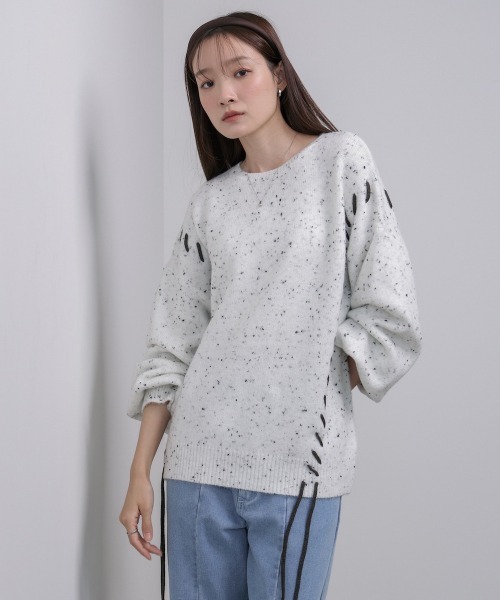 Bab（バブ）の「チョコチップ風ネップ 編み上げニットトップス（ニット/セーター・レディース・ベージュ/ライトグレー/サンドベージュ/ブルー・FREE）」の11枚目の写真