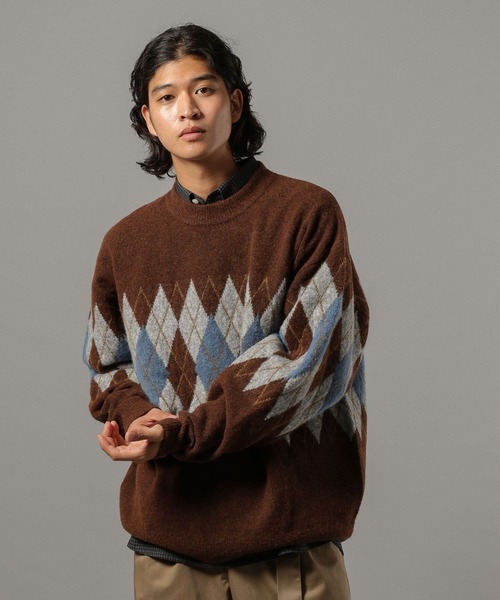 セール】【CLASSICAL LINE】WOOL BLEND ARGYLE CREW NECK KNIT