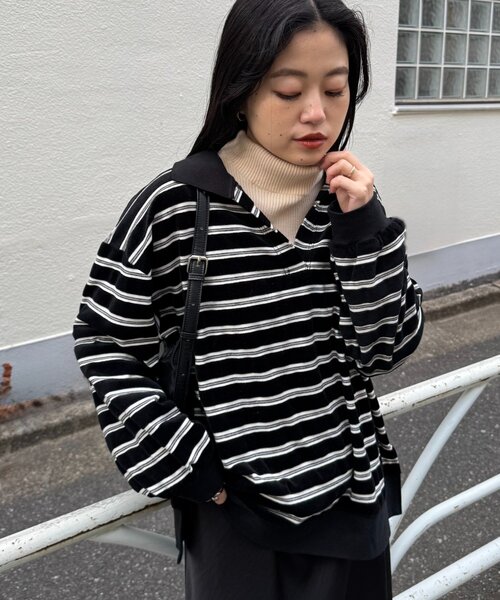 CIAOPANIC TYPY（チャオパニックティピー）の「【高見え＆上品】ベロアボーダースキッパーポロトップス（Tシャツ/カットソー・レディース・グレー/ブラウン/ブラック/バーガンディー・ONE SIZE）」の5枚目の写真