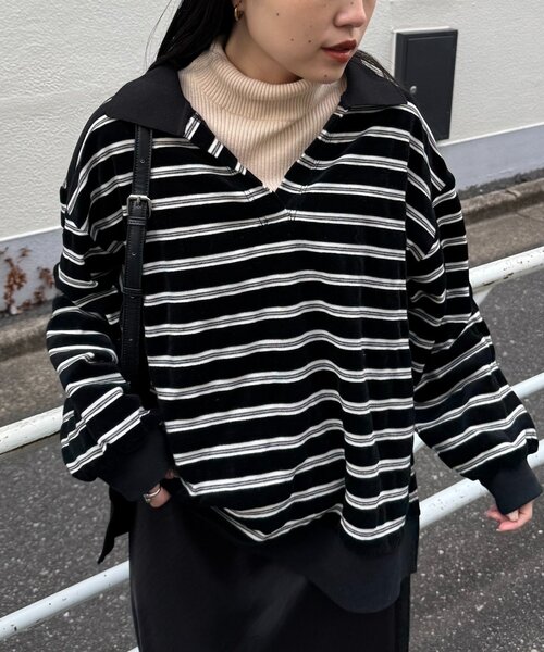 CIAOPANIC TYPY（チャオパニックティピー）の「【高見え＆上品】ベロアボーダースキッパーポロトップス（Tシャツ/カットソー・レディース・グレー/ブラウン/ブラック/バーガンディー・ONE SIZE）」の6枚目の写真