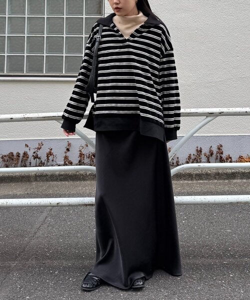 CIAOPANIC TYPY（チャオパニックティピー）の「【高見え＆上品】ベロアボーダースキッパーポロトップス（Tシャツ/カットソー・レディース・グレー/ブラウン/ブラック/バーガンディー・ONE SIZE）」の7枚目の写真