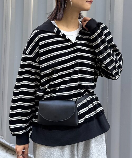 CIAOPANIC TYPY（チャオパニックティピー）の「【高見え＆上品】ベロアボーダースキッパーポロトップス（Tシャツ/カットソー・レディース・グレー/ブラウン/ブラック/バーガンディー・ONE SIZE）」の9枚目の写真