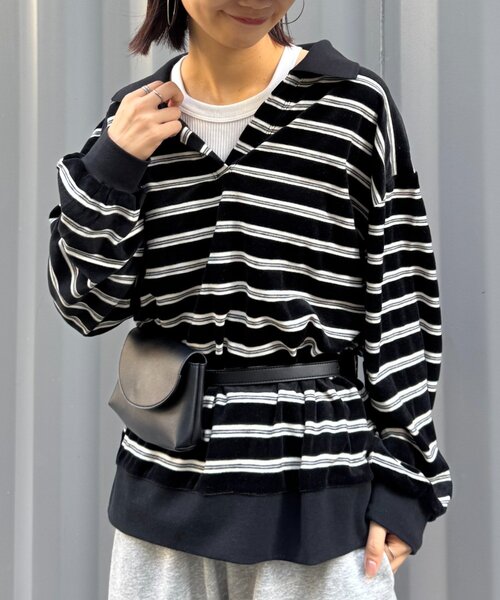 CIAOPANIC TYPY（チャオパニックティピー）の「【高見え＆上品】ベロアボーダースキッパーポロトップス（Tシャツ/カットソー・レディース・グレー/ブラウン/ブラック/バーガンディー・ONE SIZE）」の10枚目の写真