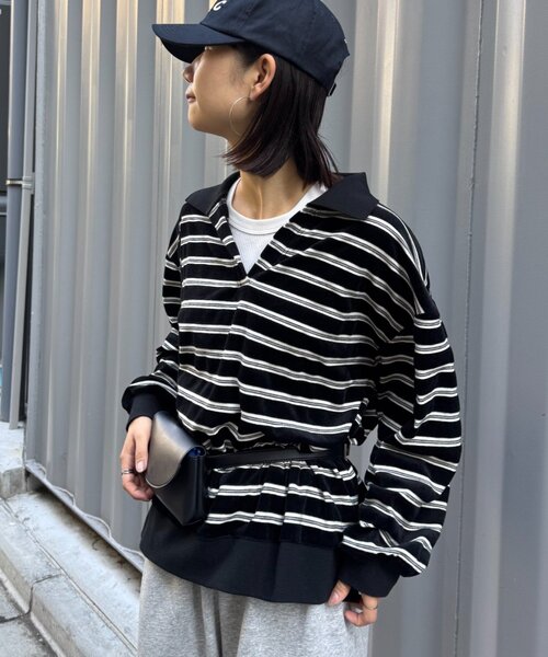 CIAOPANIC TYPY（チャオパニックティピー）の「【高見え＆上品】ベロアボーダースキッパーポロトップス（Tシャツ/カットソー・レディース・グレー/ブラウン/ブラック/バーガンディー・ONE SIZE）」の11枚目の写真