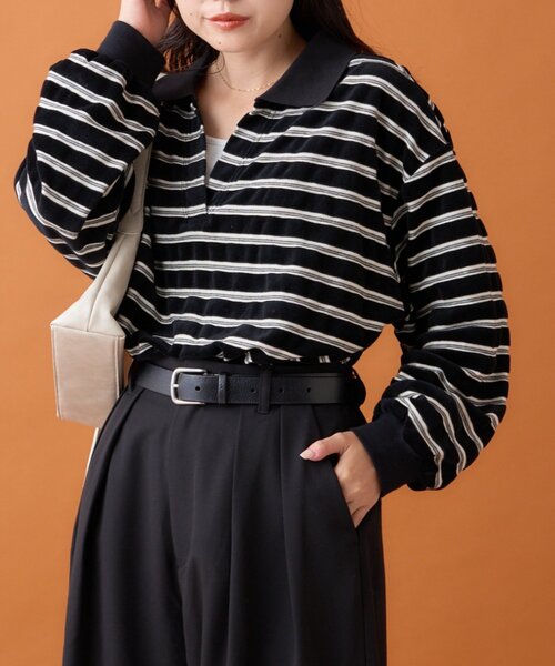 CIAOPANIC TYPY（チャオパニックティピー）の「【高見え＆上品】ベロアボーダースキッパーポロトップス（Tシャツ/カットソー・レディース・グレー/ブラウン/ブラック/バーガンディー・ONE SIZE）」の14枚目の写真