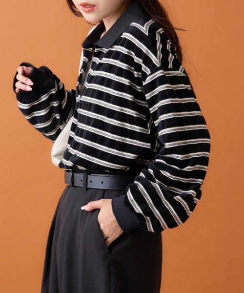 CIAOPANIC TYPY（チャオパニックティピー）の「【高見え＆上品】ベロアボーダースキッパーポロトップス（Tシャツ/カットソー・レディース・グレー/ブラウン/ブラック/バーガンディー・ONE SIZE）」の15枚目の写真