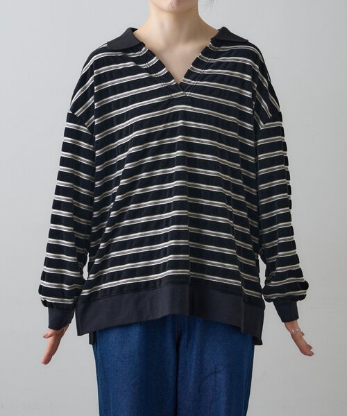 CIAOPANIC TYPY（チャオパニックティピー）の「【高見え＆上品】ベロアボーダースキッパーポロトップス（Tシャツ/カットソー・レディース・グレー/ブラウン/ブラック/バーガンディー・ONE SIZE）」の22枚目の写真