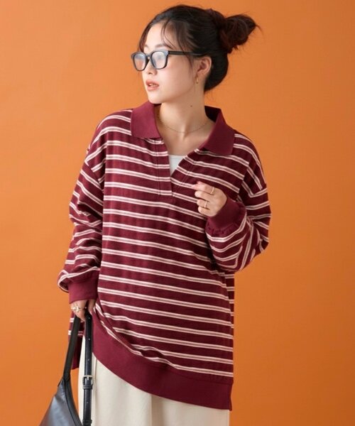 ベロアボーダースキッパーポロトップス（Tシャツ/カットソー