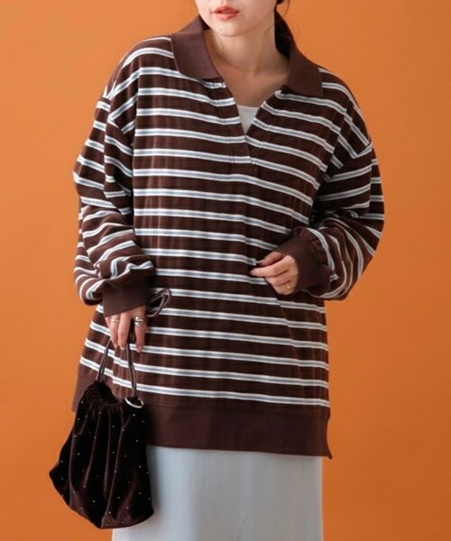 TOPYO スポア セール】【高見え＆上品】ベロアボーダースキッパーポロトップス（T